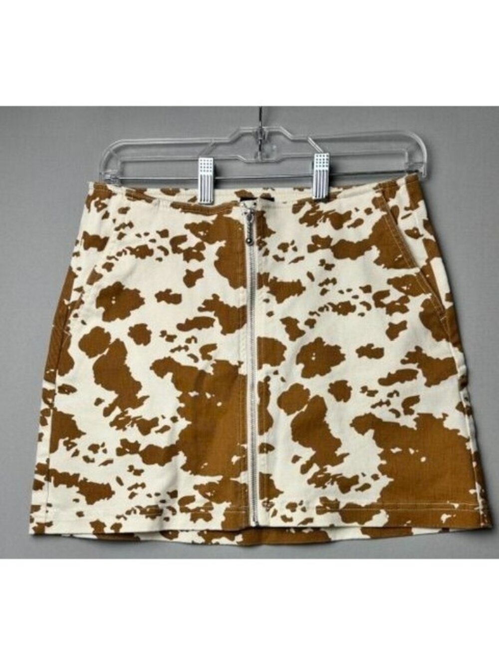 Obey Women's Size 25 Cow Print Mini Skirt Brown Cream Front Zip Y2K Western
